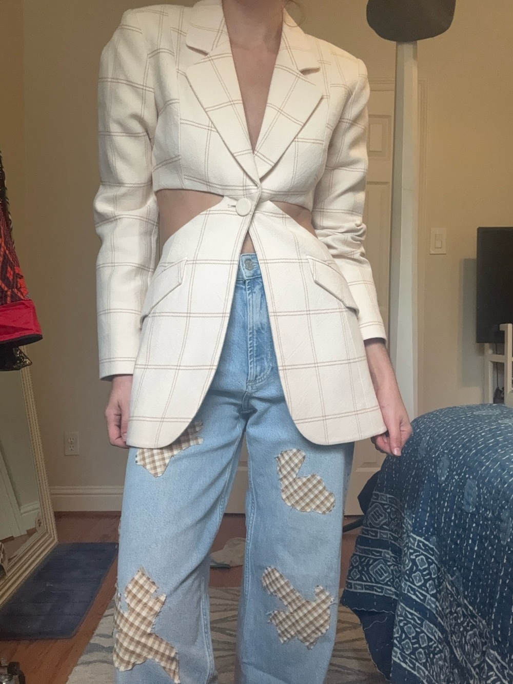 Cutout Windowpane Blazer Jacket in Cream by Unknown Brand